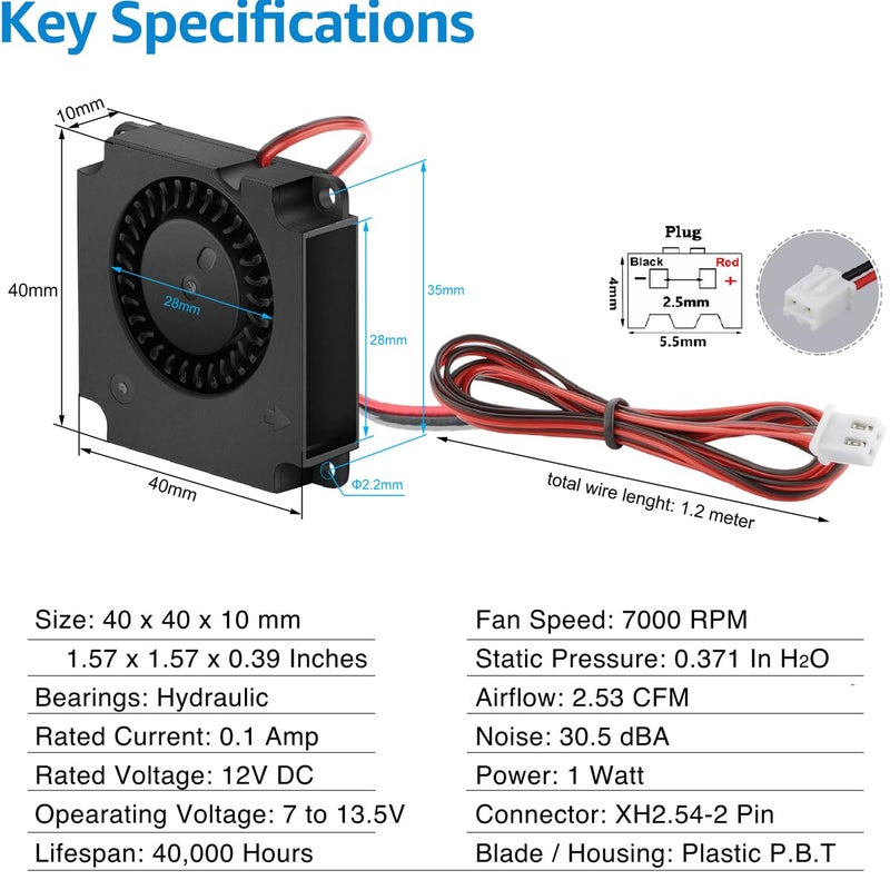 GDSTIME 2 Pack 40mm Blower Fan 12V 40x40x10mm 4010 DC Brushless Cooling Replacement Fans for 3D Printer - Image 3